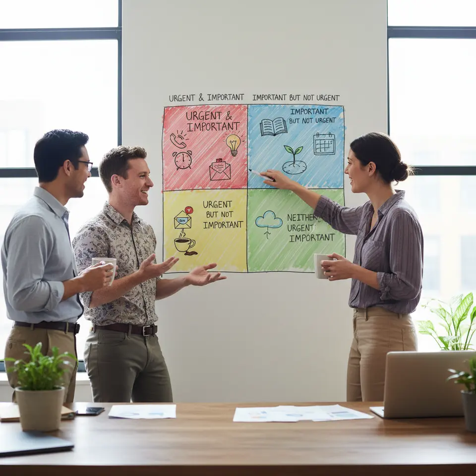 Eisenhower Matrix: A four-quadrant chart labeled “Urgent & Important,” “Important but Not Urgent,” “Urgent but Not Important,” and “Neither Urgent nor Important,” each quadrant color-coded and populated with representative icons (e.g., a flashing alarm for urgent tasks, a book for long-term planning).