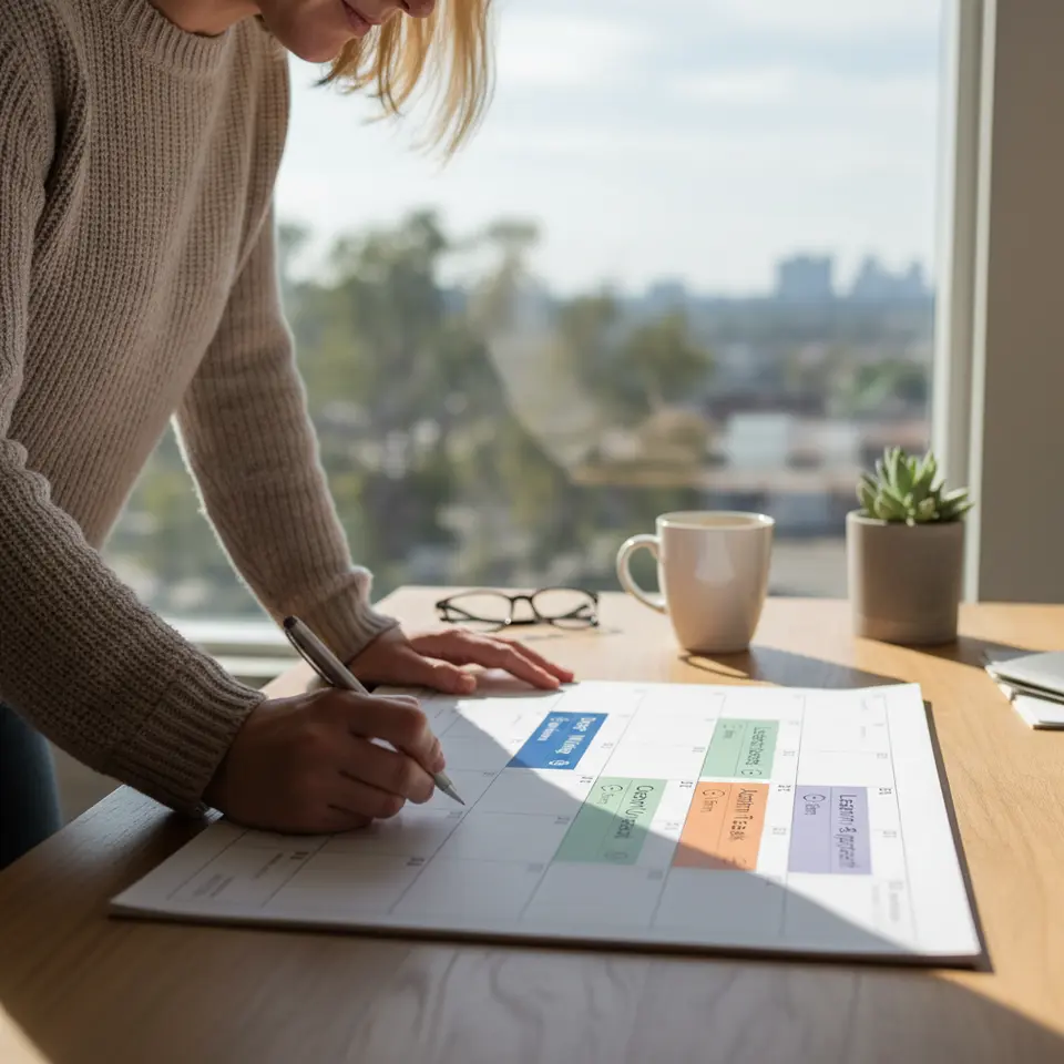 Time Blocking Calendar: A weekly calendar grid with distinct, color-coded blocks labeled for different work themes (e.g., “Deep Writing,” “Client Outreach,” “Admin Tasks”), featuring visual cues like muted notifications and a five-minute reminder icon before each block.