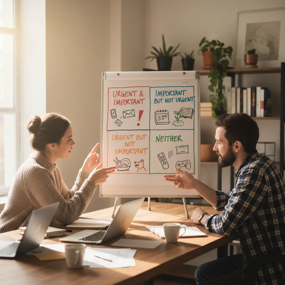 Eisenhower Matrix Prioritization: A colorful 2×2 quadrant chart labeling tasks as Urgent & Important, Important but Not Urgent, Urgent but Not Important, and Neither — with illustrative icons spilling into each box (e.g., a ringing phone, checklist, small chores, leisure items).
