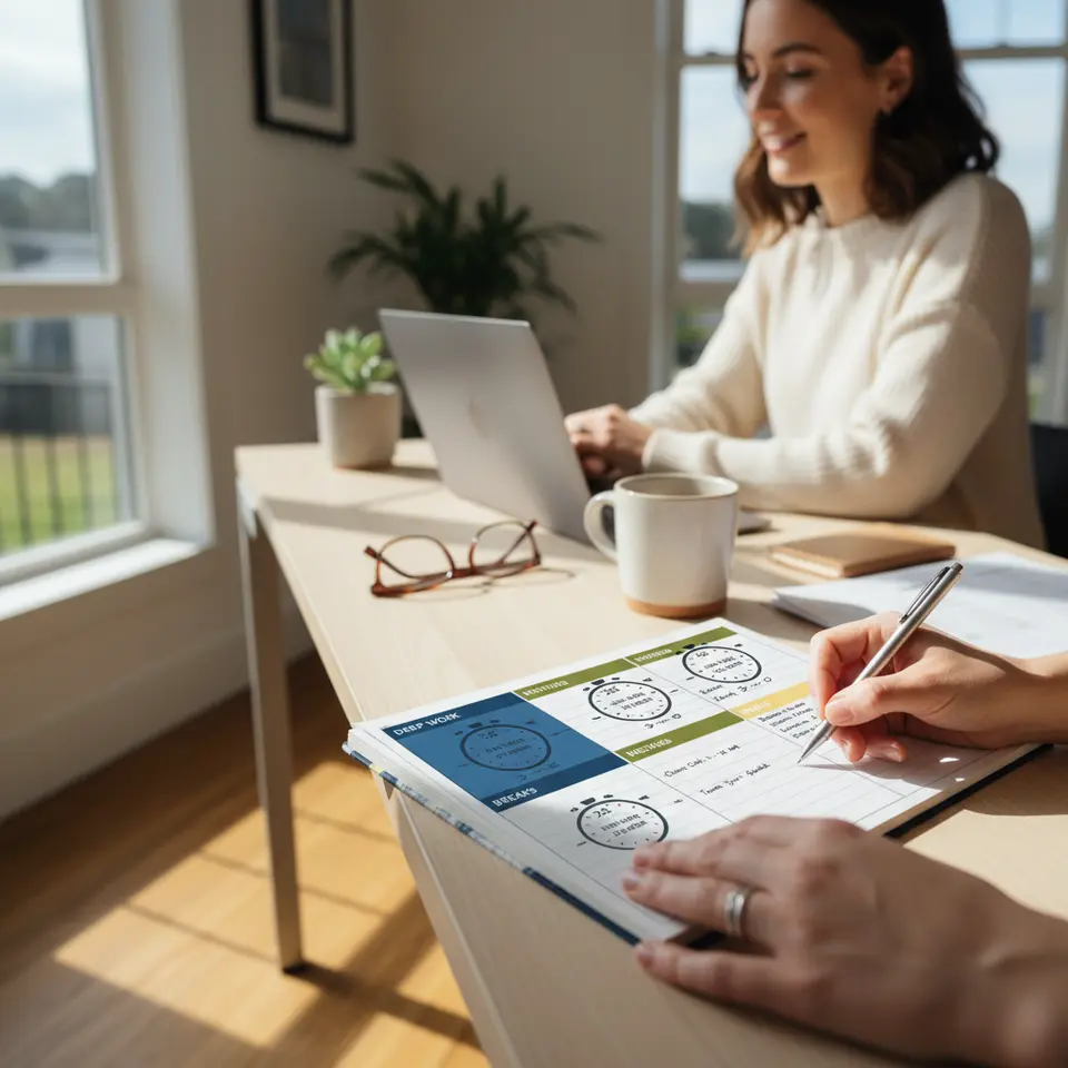 Structured Daily Schedule with Pomodoro Blocks: A planner-style calendar page divided into distinct colored time-blocks (deep work, meetings, breaks), overlaid by a Pomodoro timer icon showing 25-minute intervals and 5-minute breaks, with little coffee cup and rest symbols in between.