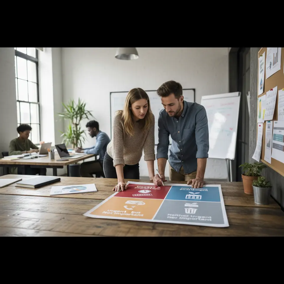 A vibrant Eisenhower Matrix infographic: a four-quadrant grid labeled “Urgent & Important,” “Important but Not Urgent,” “Urgent but Not Important,” and “Neither Urgent nor Important,” each quadrant populated with representative icons (e.g., a deadline icon, a calendar block, a delegatable task, a trash bin) and color-coded for clarity.