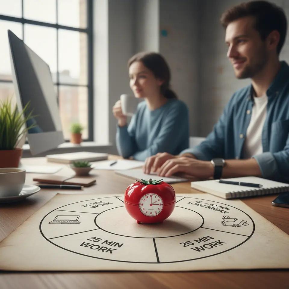 A dynamic Pomodoro Technique illustration: a classic tomato-shaped kitchen timer set at 25 minutes, surrounded by a circular timeline showing four 25-minute work segments with five-minute breaks in between, and a longer 15–30 minute break after four cycles, with small icons for focused work (e.g., laptop) and short breaks (e.g., coffee cup).