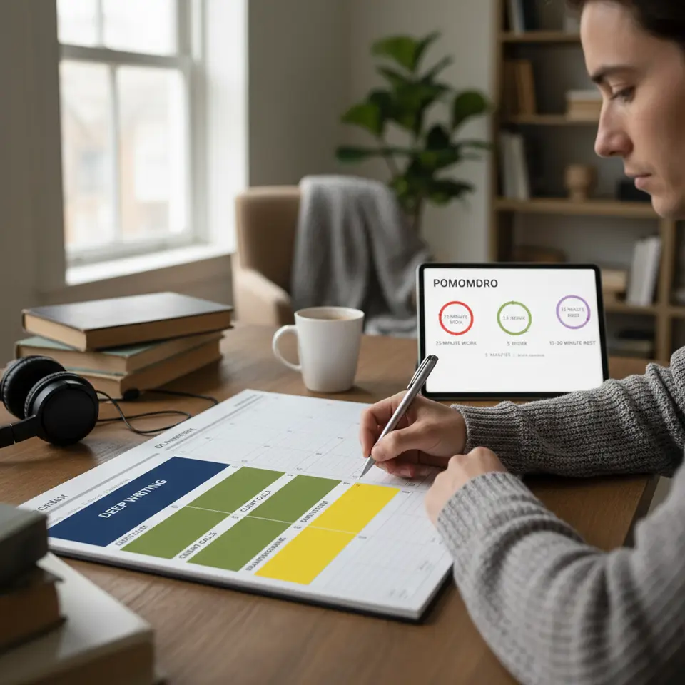 A daily calendar view split into 60- and 90-minute time-blocking segments in different colors (deep writing, client calls, creative brainstorming) alongside a Pomodoro timer graphic showing 25-minute work intervals, 5-minute breaks, and a longer 15–30-minute rest, conveying a structured, focused workday.