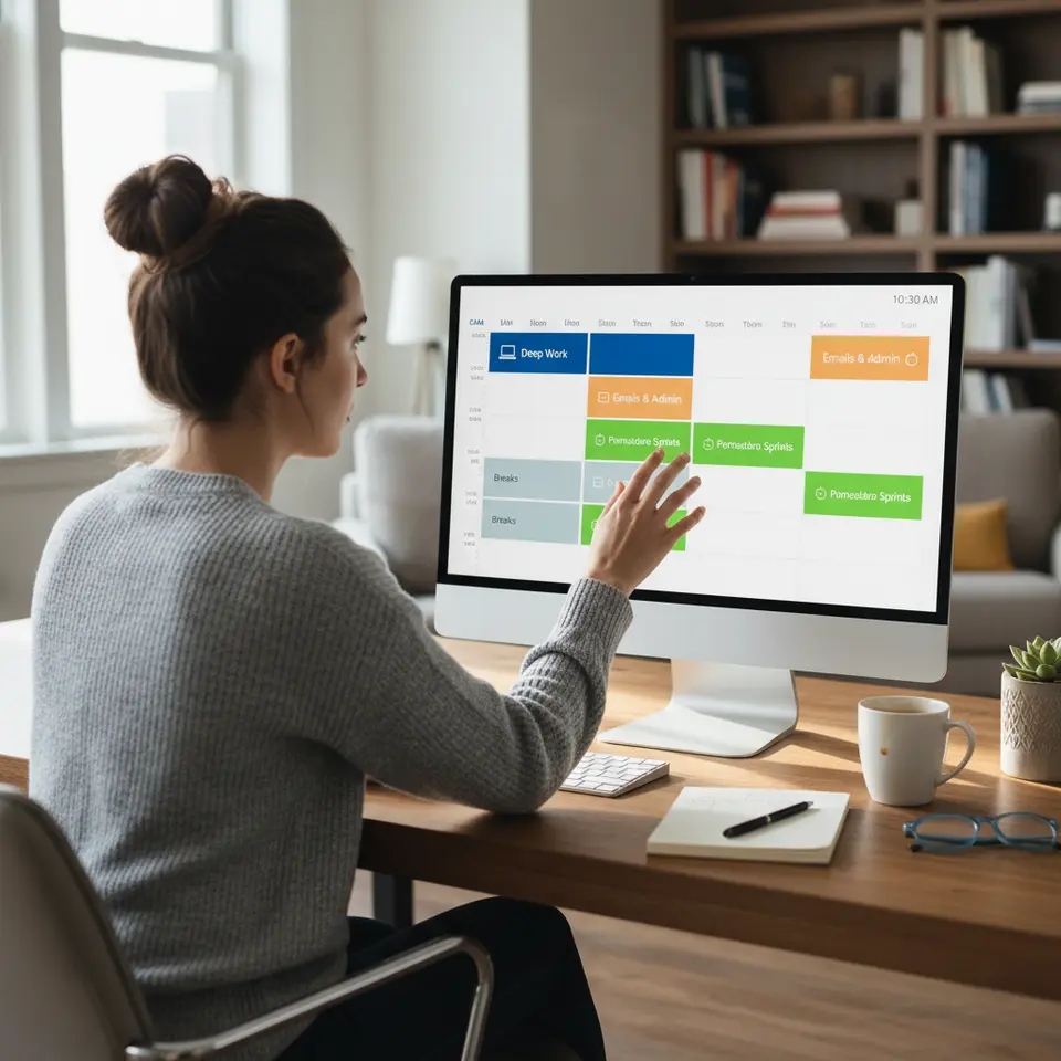A color-coded daily calendar interface illustrating Time Blocking: distinct blocks labeled ‘Deep Work (9–11 AM)’, ‘Emails & Admin (2–3 PM)’, ‘Pomodoro Sprints’, and ‘Breaks’. Show different hues for each category, a visible clock/time axis, and small icons (e.g., laptop, envelope, coffee cup) to enhance visual distinction.