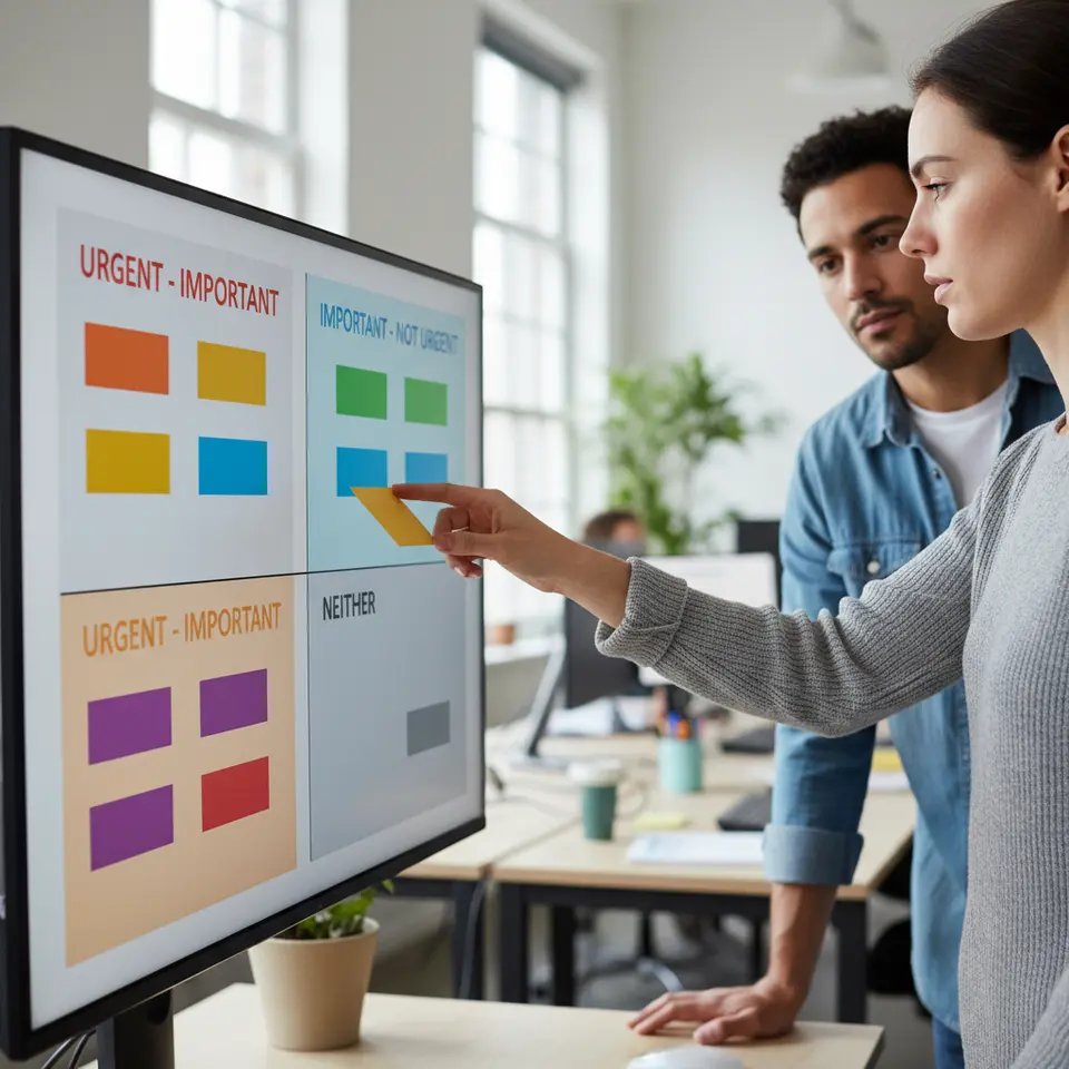 A four-quadrant Eisenhower Matrix on a digital dashboard: each quadrant labeled Urgent-Important, Important-Not-Urgent, Urgent-Not-Important, Neither; colorful task cards being dragged between quadrants to prioritize work